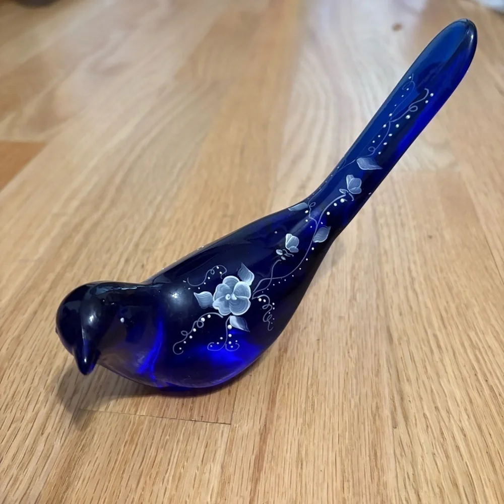 Vintage Fenton Cobalt Blue Long Tail Bird Hand Painted ARTIST SIGNED C SMITH